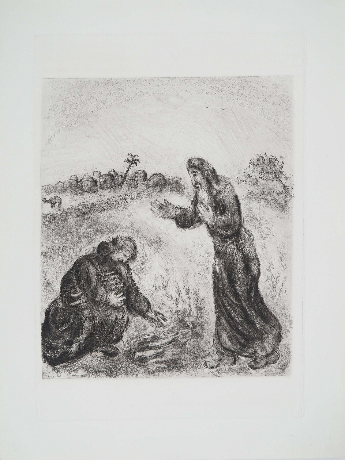 Elie et la veuve de Sarepta, Gravure originale signée Marc Chagall Druck zu verkaufen