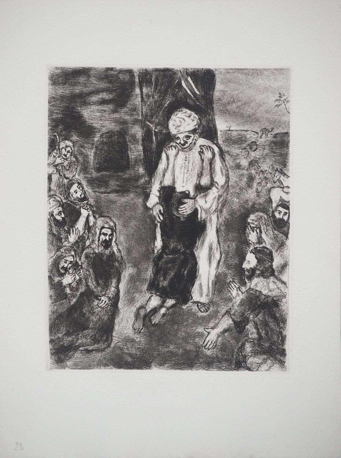 Joseph reconnu par ses frères, Gravure originale signée Marc Chagall Druck zu verkaufen