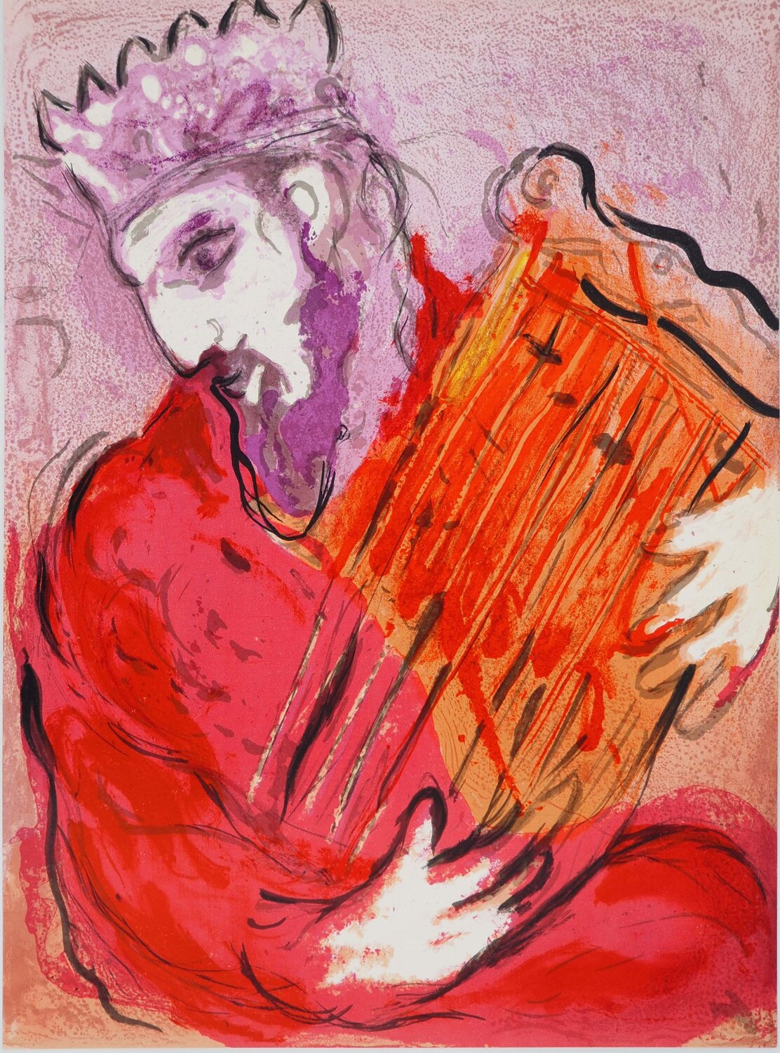 La Bible, Le roi à la harpe, Lithographie originale Marc Chagall Print for sale