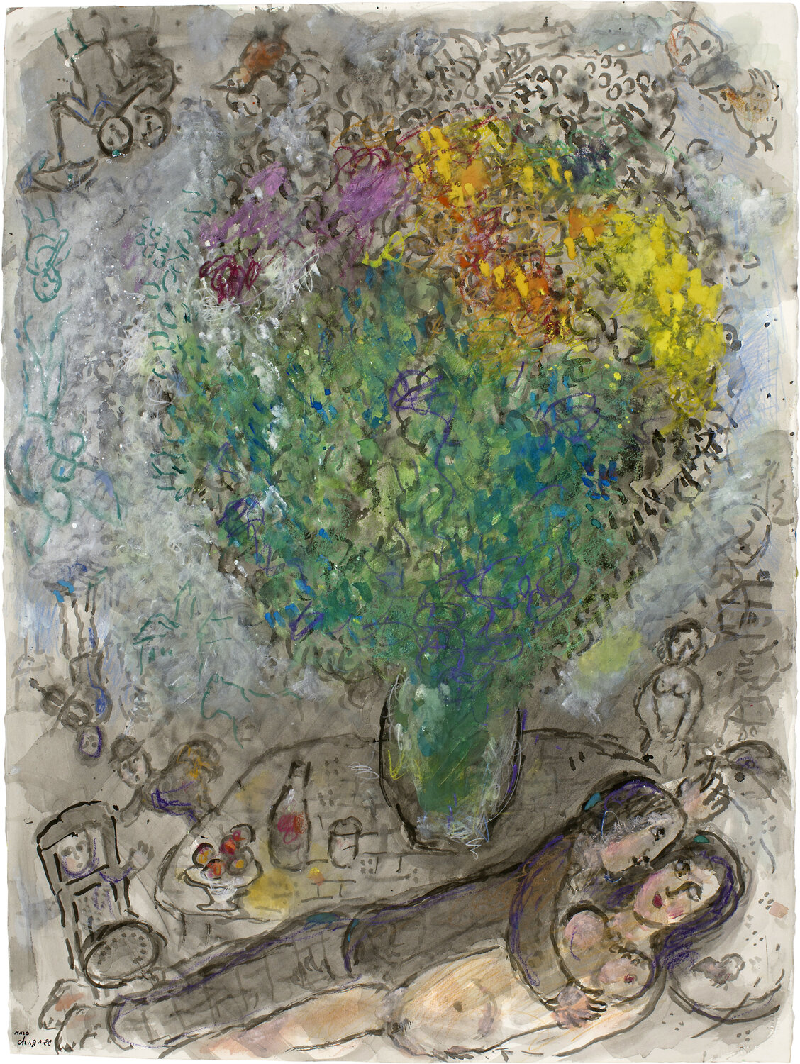 Couple Allongé au Grand Bouquet Marc Chagall Werk auf Papier zu verkaufen
