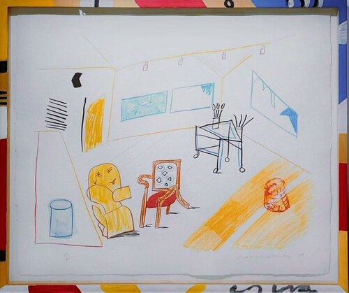 Conversation in the Studio (In hand painted frame by the artist) van David Hockney, Afdruk te koop op Singulart