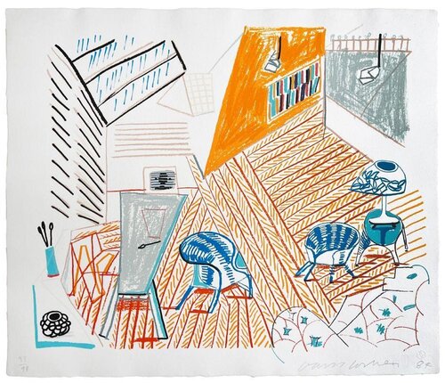 Pembroke Studio with Blue Chairs & Lamp, from Moving Focus van David Hockney, Afdruk te koop op Singulart