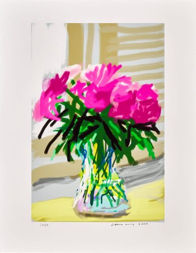 No. 535, 28 June 2009, Peonies iPhone Drawing + Accompanying  My Window Book and Portfolio van David Hockney, Afdruk te koop op Singulart