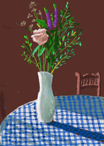 4th February 2021, Flowers in a White Vase with Chair van David Hockney, Afdruk te koop op Singulart