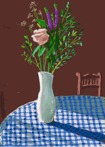4th February, 2021, Flowers in White Vase with Chair van David Hockney, Afdruk te koop op Singulart