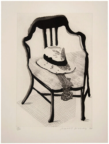 Panama Hat with a Bow Tie on a Chair, from The Geldzahler Portfolio van David Hockney, Afdruk te koop op Singulart