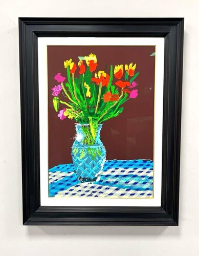 24th February 2021, Red, Yellow and Purple Flowers on a Blue Tablecloth van David Hockney, Afdruk te koop op Singulart