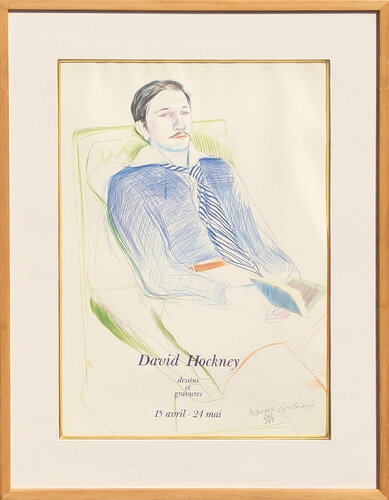 Figurative Signed Lithograph Poster for the 1975 Dessins et Gravures Exhibition van David Hockney, Afdruk te koop op Singulart