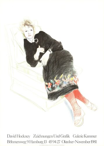 Celia In A Black Dress With Colored Border van David Hockney, Afdruk te koop op Singulart