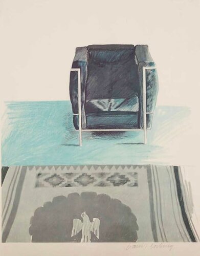 Hand-Signed Rare Proof of Corbusier Chair and Rug for the Andre Emmerich Gallery di David Hockney, Stampa in vendita su Singulart