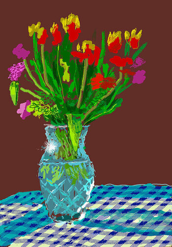 24th February 2021, Red, Yellow and Purple Flowers on a Blue Tablecloth by David Hockney, Painting for Sale on Singulart