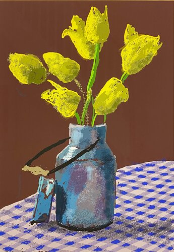 21 April 2021, Yellow Flowers in a Small Milk Churn by David Hockney, Print for Sale on Singulart
