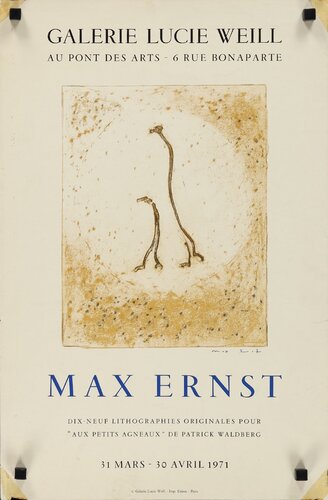 Max Ernst, Dix, Neuf, Lithographies, Originales Pour "Aux Petits Ageneaux" De Patrick Waldberg, Poster(Black Magnets in the corners are for photography only and are not on the actual poster), FREE DOMESTIC SHIPPING van Max Ernst, Afdruk te koop op Singulart