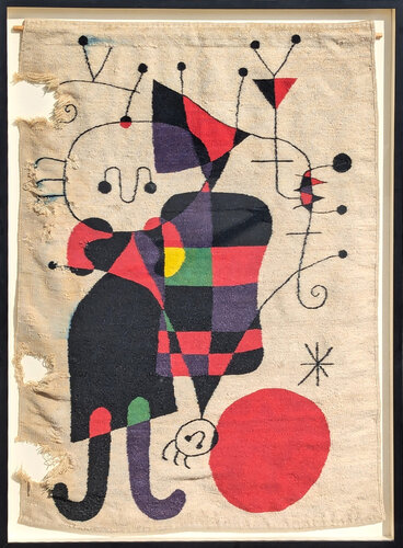 Tapestry in the Style of Joan Miro's “Figures and Dog in Front of