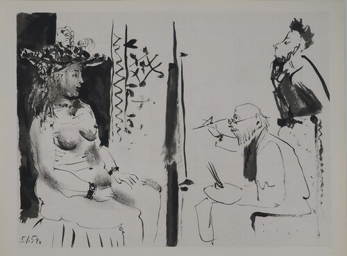 Comédie Humaine, L'artiste et le portrait de la femme à la coiffe, Héliogravure by Pablo Picasso, Print for Sale on Singulart