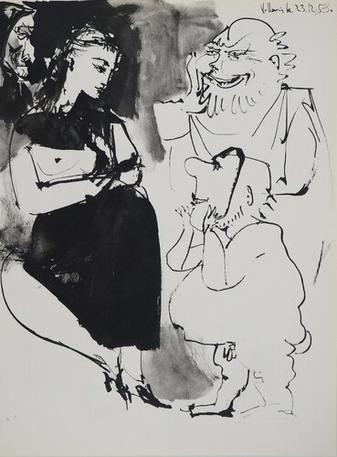 Comédie Humaine, Femme cousant et petit homme au masque, Héliogravure by Pablo Picasso, Print for Sale on Singulart