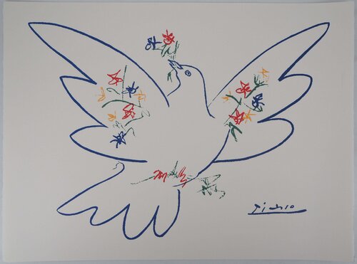 Colombe aux rameaux de fleurs, Lithographie signée Pablo Picasso