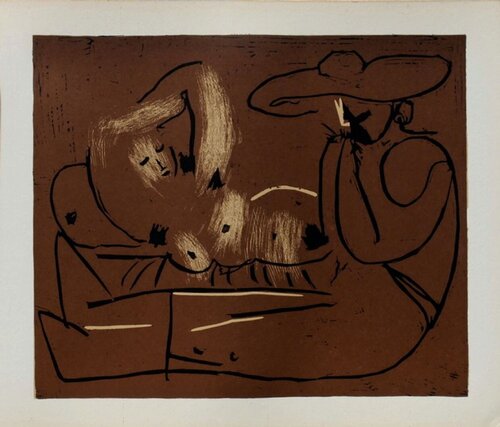 LC - Femme couchée et homme au grand chapeau de Pablo Picasso, Impresión a la venta en Singulart