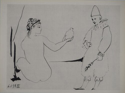 Comédie Humaine, Le cadeau de la jeune fille à Arlequin, Héliogravure Pablo Picasso