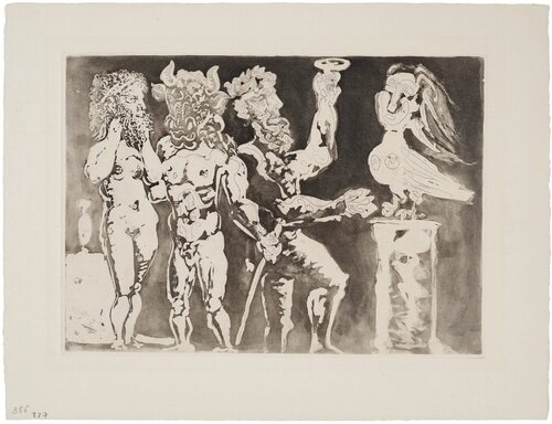 Chez la Pythie-Harpye : Personnages masqués et femme oiseau di Pablo Picasso, Stampa in vendita su Singulart