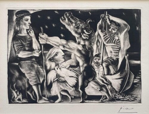 Minotaure aveugle guidé par Marie-Thérèse au pigeon dans une nuit étoilée van Pablo Picasso, Afdruk te koop op Singulart