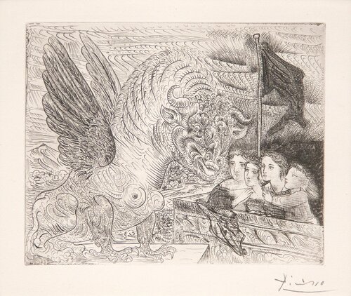 Harpy with Head of a Bull, and Four Little Girls on a Tower Surmounted by a Black Flag van Pablo Picasso, Afdruk te koop op Singulart