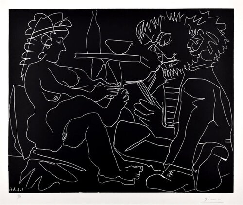 Peintre dessinant et modèle nu au chapeau van Pablo Picasso, Afdruk te koop op Singulart