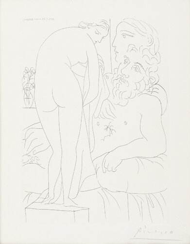 Le repos du sculpteur devant un nu à la draperie (pt. 51 from La Suite Vollard) van Pablo Picasso, Afdruk te koop op Singulart