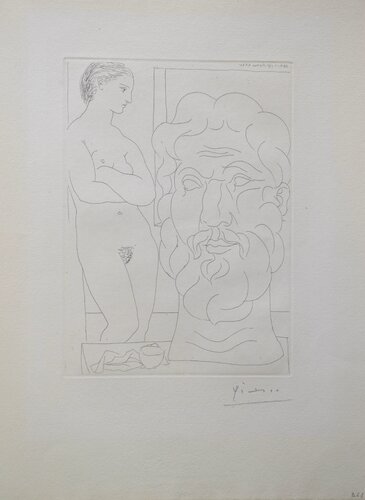 Modèle et Grande Tête Sculptée (B170 Vollard) di Pablo Picasso, Stampa in vendita su Singulart