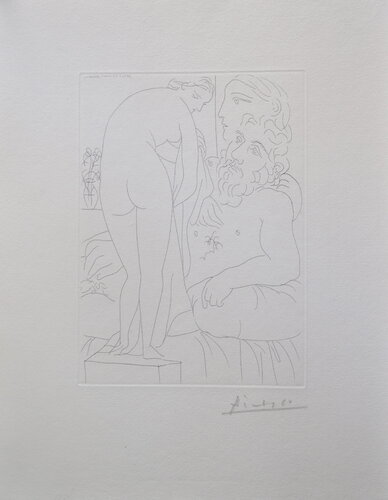 Le repos du sculpteur devant un nu à la draperie, pl. 51 (B160 Vollard) di Pablo Picasso, Stampa in vendita su Singulart