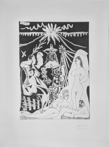 HOMME ALLONGE, AVEC DEUX FEMMES, EVOQUANT LES RAPPORTS D'UN VIEUX CLOWN ET D'UNE JEUNE FILLE (BLOCH 1498) di Pablo Picasso, Stampa in vendita su Singulart