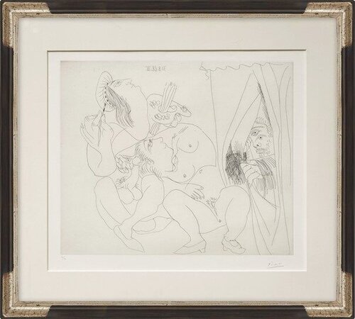 Raphael et la Fornarina V. avec voyour écartant le rideau di Pablo Picasso, Stampa in vendita su Singulart