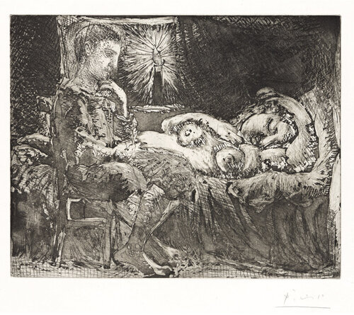 Boy and Sleeping Girl with Candle di Pablo Picasso, Stampa in vendita su Singulart