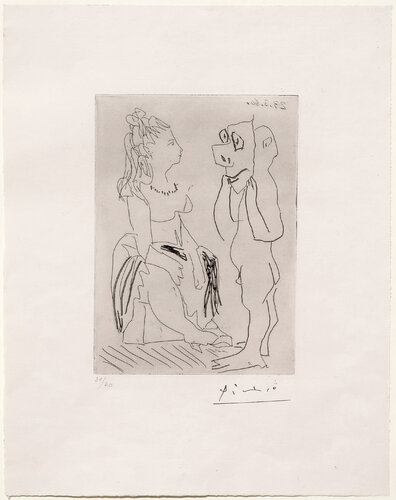 Homme Debout Avec Masque Devant Femme Assise van Pablo Picasso, Afdruk te koop op Singulart