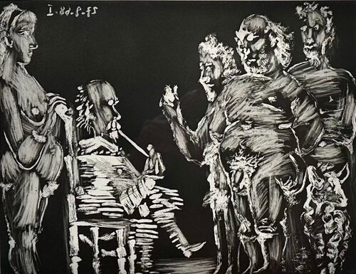 Three Old Friends Visiting: Man Smoking, Woman Keeping Watch van Pablo Picasso, Afdruk te koop op Singulart