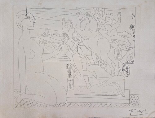 Marie-Thérèse agenouillée contemplant un groupe sculpté van Pablo Picasso, Afdruk te koop op Singulart