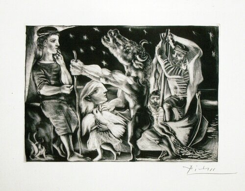 Minotaure aveugle guidé par Marie-Thérèse au Pigeon dans une nuit étoilée from La Suite Vollard di Pablo Picasso, Stampa in vendita su Singulart