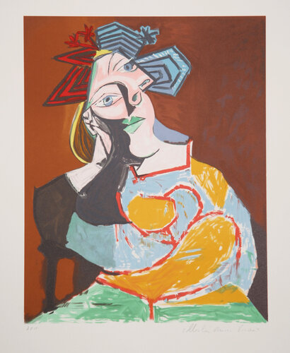 Femme Accoudée au Drapeau Bleu et Rouge by Pablo Picasso, 인쇄 for Sale on Singulart