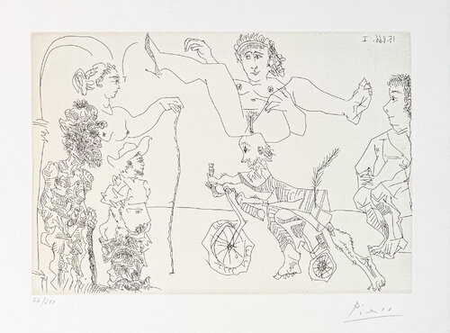 Da Le Cocu Maquifique: Femme equilib­riste enlevee par un vieillard barbu a bicyclette devant le cocu et des spectateurs par Pablo Picasso, Édition en vente sur Singulart