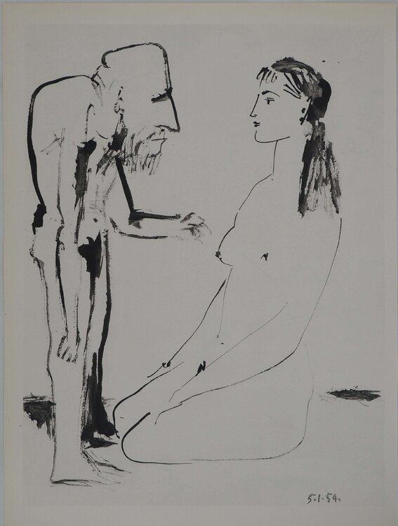 Comédie Humaine, L'homme bossu et la jeune femme nue, Héliogravure Pablo Picasso