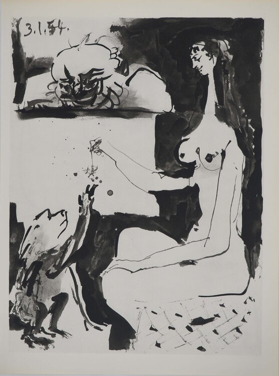 Comédie Humaine, Le couple admirant un singe, Héliogravure Pablo Picasso