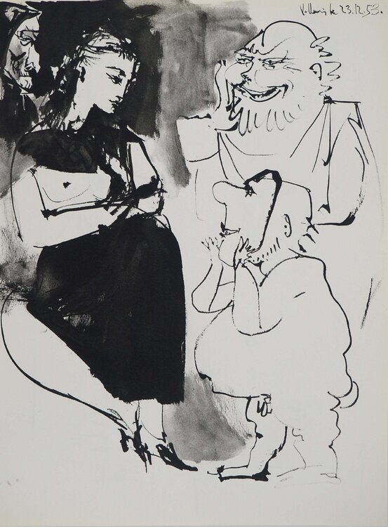Comédie Humaine, Femme cousant et petit homme au masque, Héliogravure Pablo Picasso