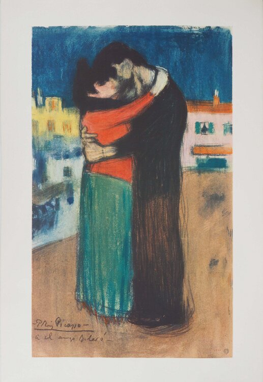 Hommage à Toulouse-Lautrec, Couple amoureux, Lithographie et pochoir signée Pablo Picasso