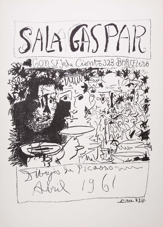 Trois buveurs (Sala Gaspar 1961), Affiche en lithographie originale signée Pablo Picasso