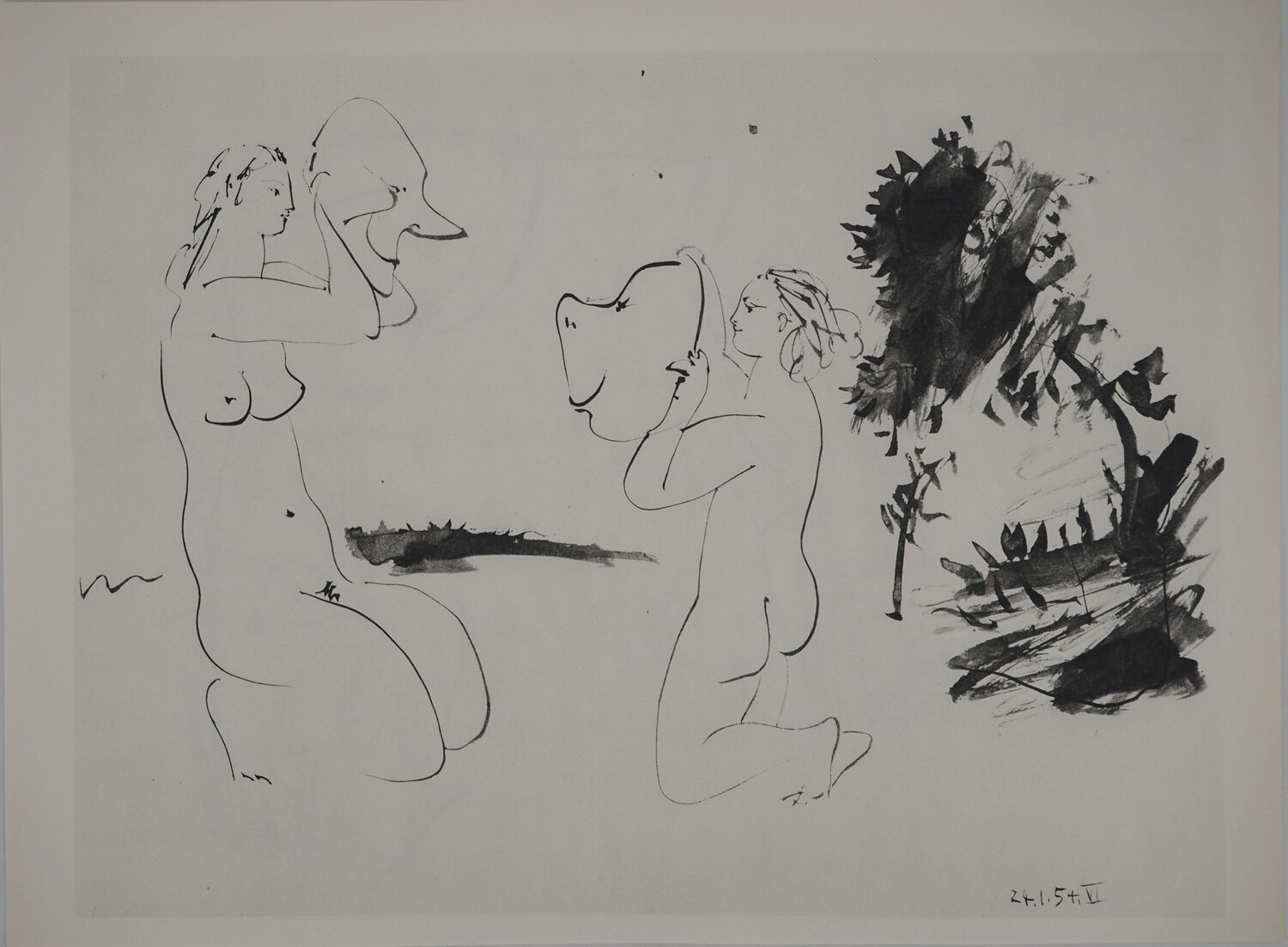 Comédie Humaine, Les deux femmes aux masques antiques, Héliogravure Pablo Picasso Stampa in vendita