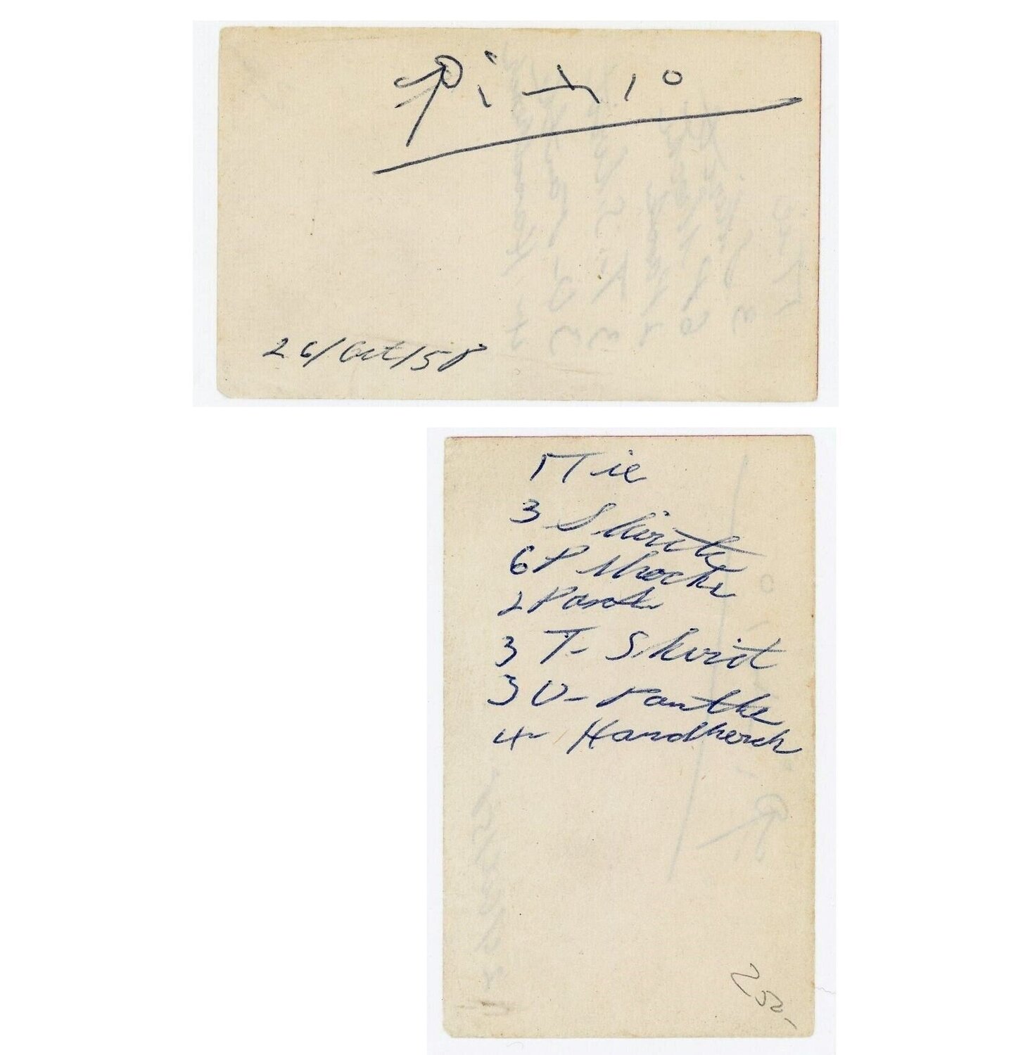 Picasso, 1958, SIGNED Card w/Shopping List, Authenticated by JSA Pablo Picasso Werk auf Papier zu verkaufen