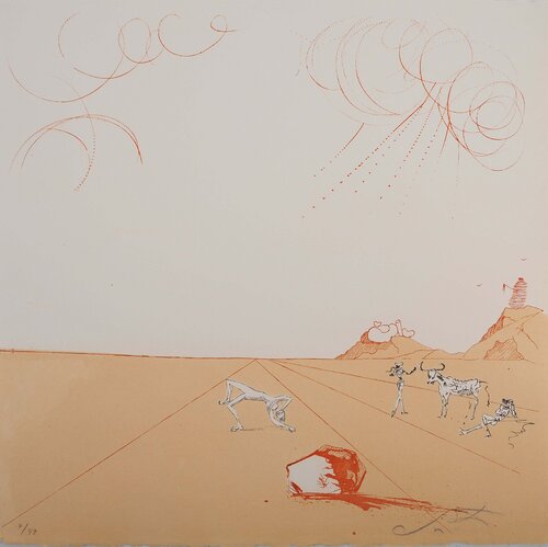 Paysage ibérique, Taureau et toréros, Gravure originale signée Salvador Dalí