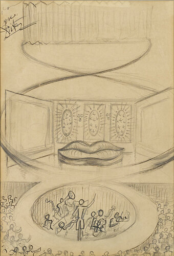 Théâtre et scène Saliva Sofa, pour le projet de film avec les Marx Brothers Giraffes on Horseback Salad par Salvador Dalí, Œuvre sur papier en vente sur Singulart