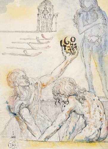 Les deux paysans dans la fosse, fossoyeurs d'Ophélia, l'un brandit le crâne de Yorick constitué par les chiffres '4640/777' à Hamlet (Acte V, scène 1) par Salvador Dalí, Peinture en vente sur Singulart