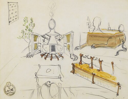 Étude de mobilier, sphinge constituant une cheminée pour un bain chauffé et banquette avec un « G » pour le château de Púbol par Salvador Dalí, Œuvre sur papier en vente sur Singulart